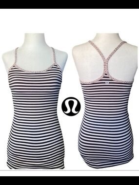 Lululemon Striped Racerback POWER Y Tank Top - Black & White with Blush Trim